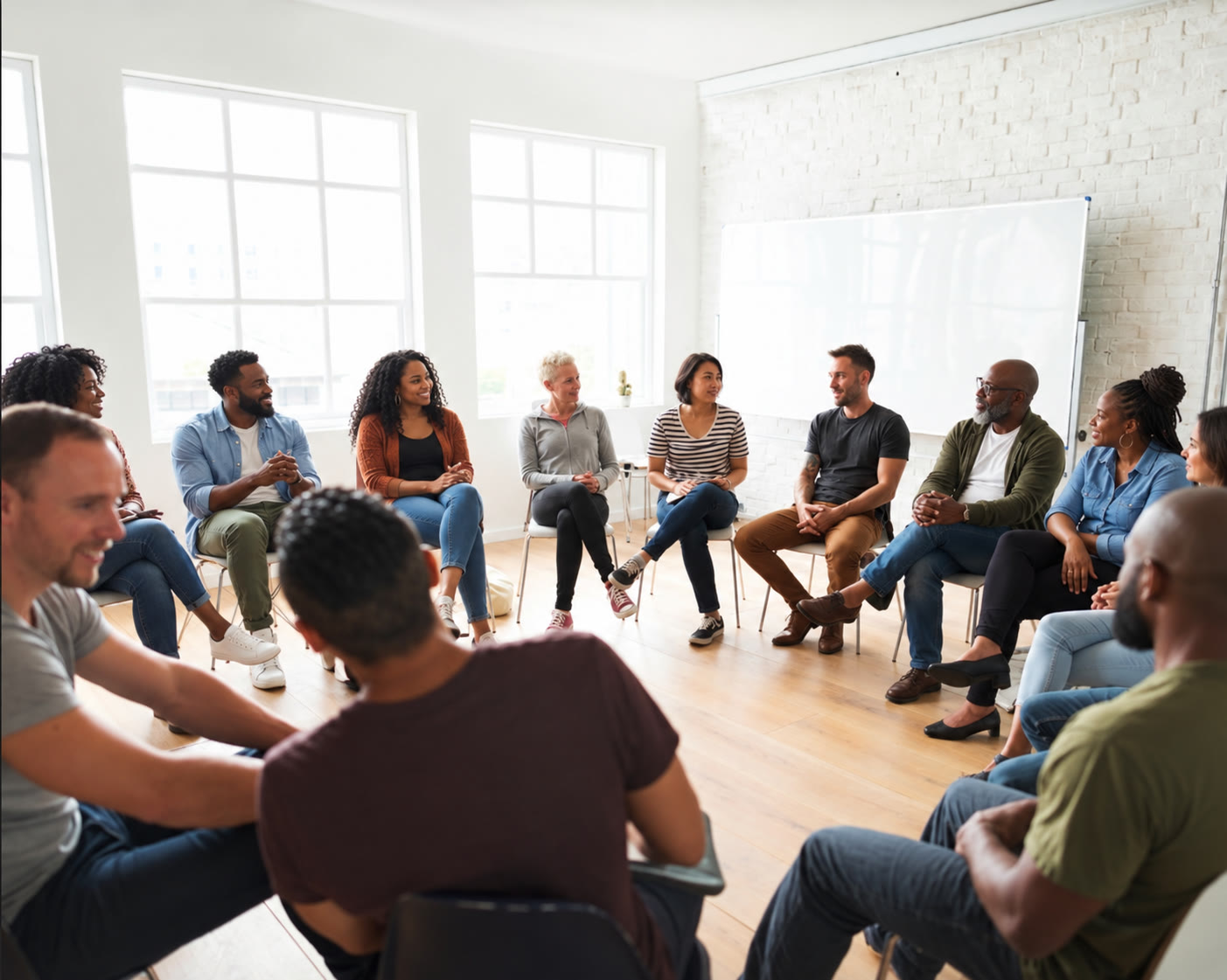 AI-edited illustrative photo of a diverse group of adults seated in a conversation circle